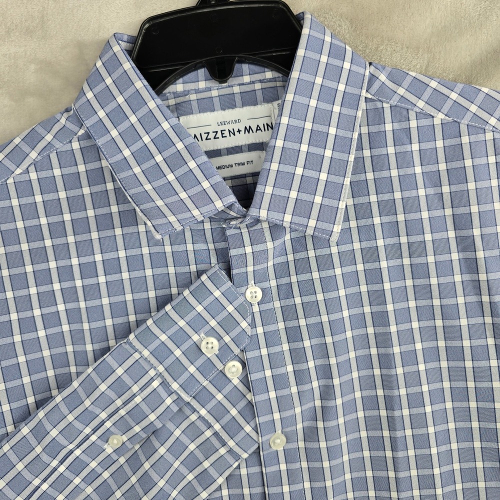 Mizzen+Main Leeward Mens Medium Trim‎ Fit Blue Plaid Dress Shirt Long Sleeve